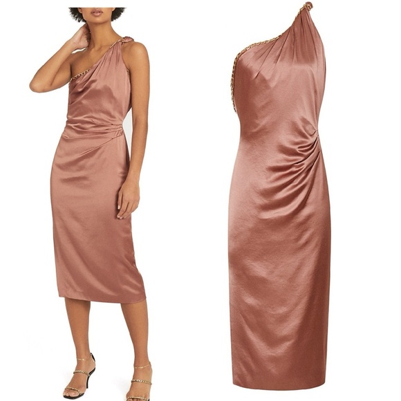 Reiss Adaline Satin Crepe Open Back Asymmetrical Chain Detail Cocktail Dress NEW - Picture 11 of 16